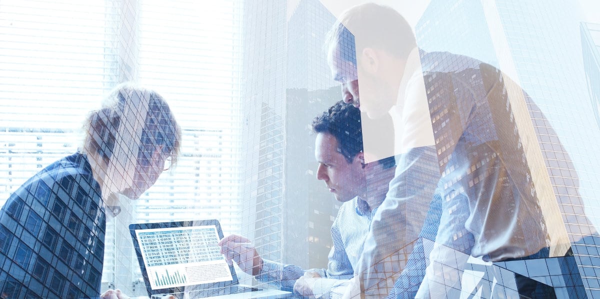 teamwork concept, business team working together, double exposure of meeting