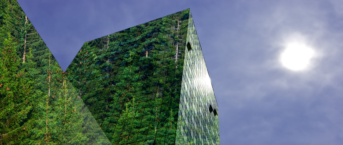Green, renewable energy in the city: modern building covered with spruce forest. Sustainable energy, pollution and urbanity concept with copy space.